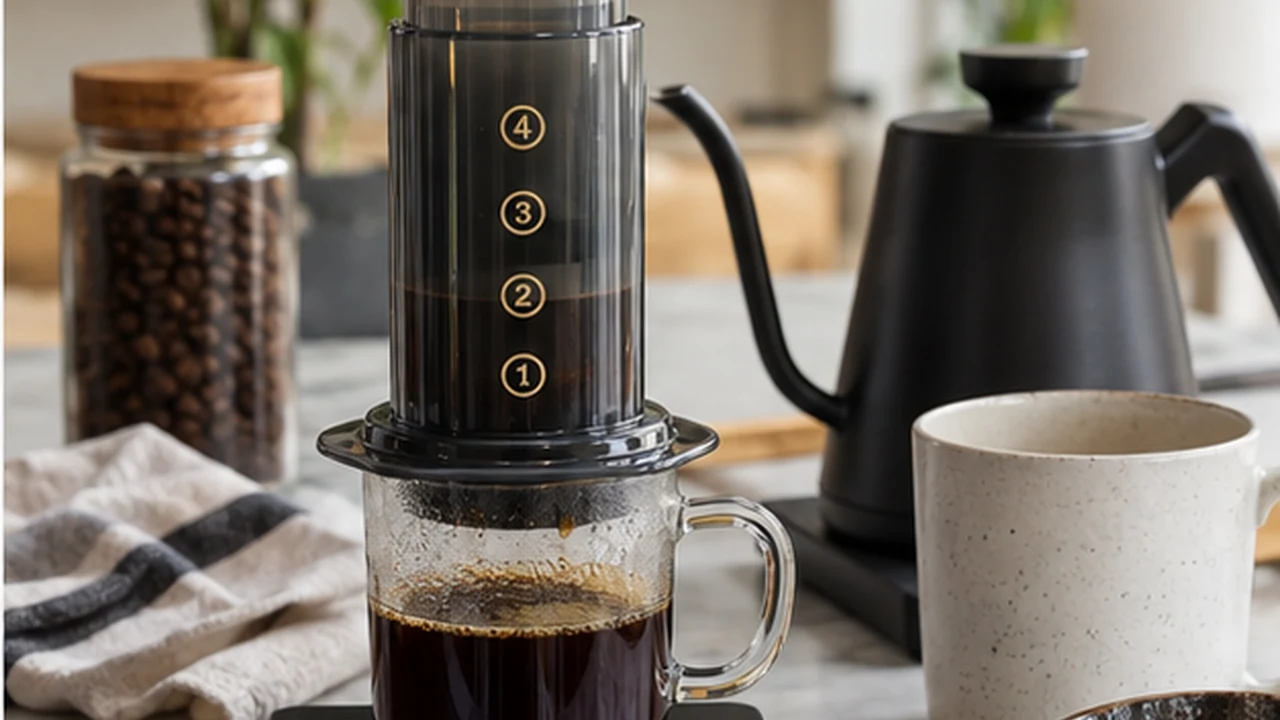 AeroPress bypass setup with brewer, scale, kettle and a freshly brewed cup of coffee.