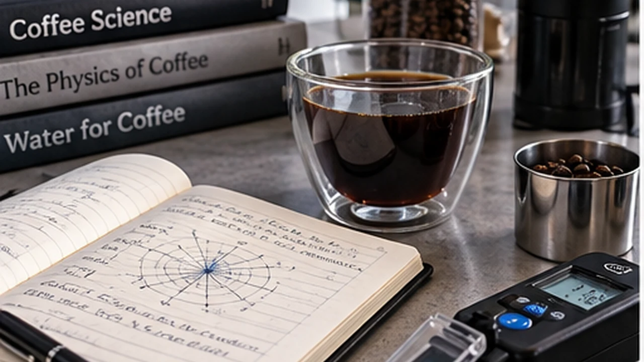 Coffee science workspace with brewed coffee, books, notebook and refractometer tools.