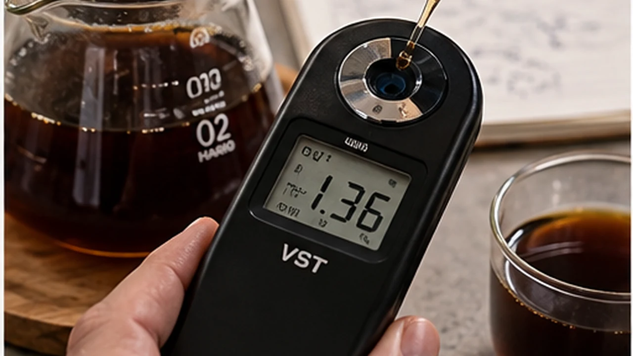 Digital coffee refractometer measuring brewed coffee TDS beside a coffee server and cup.