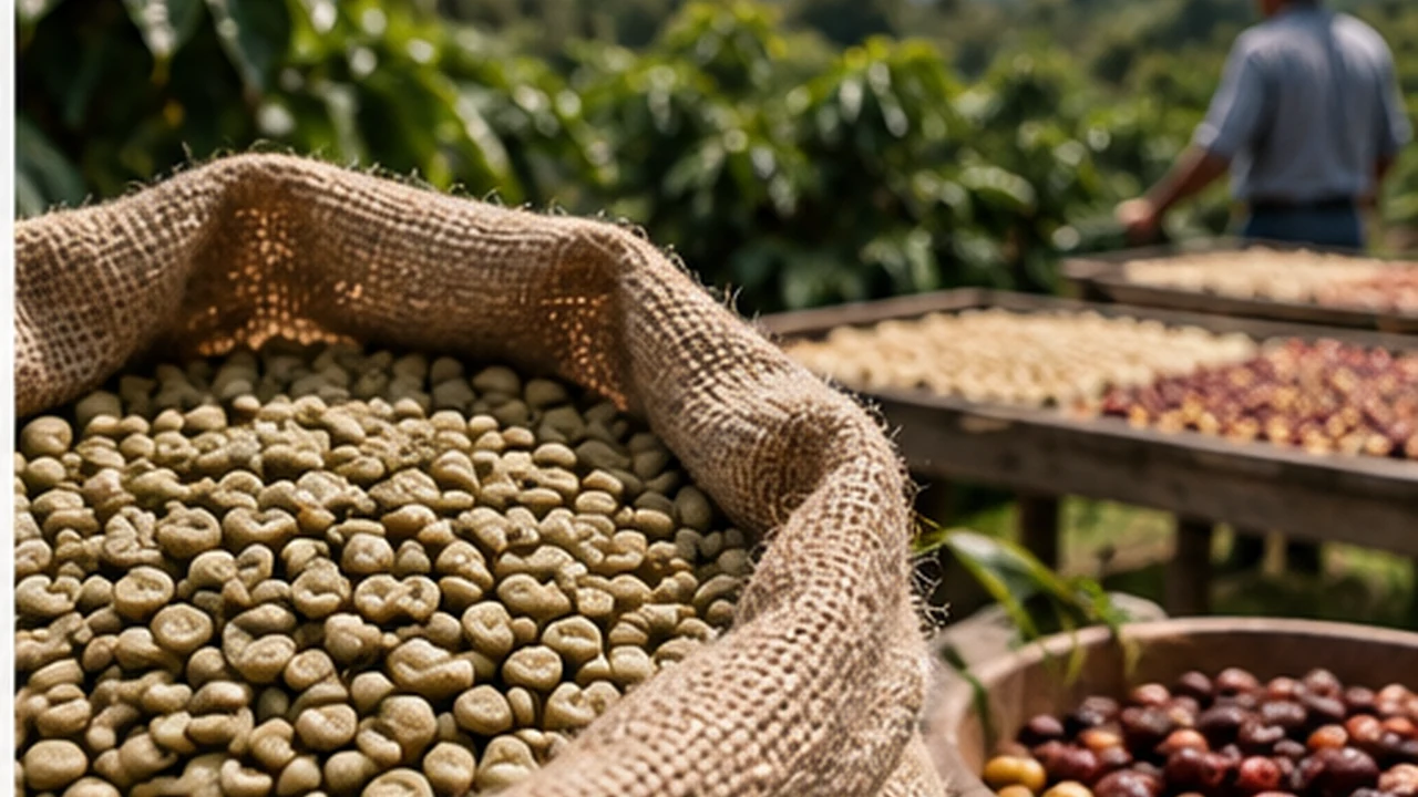 Green coffee beans, ripe cherries and a coffee-farm setting illustrating coffee origins and terroir.