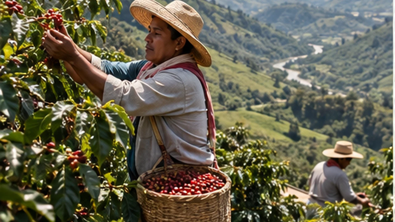 Coffee harvesting on a steep coffee farm in Colombia Huila.