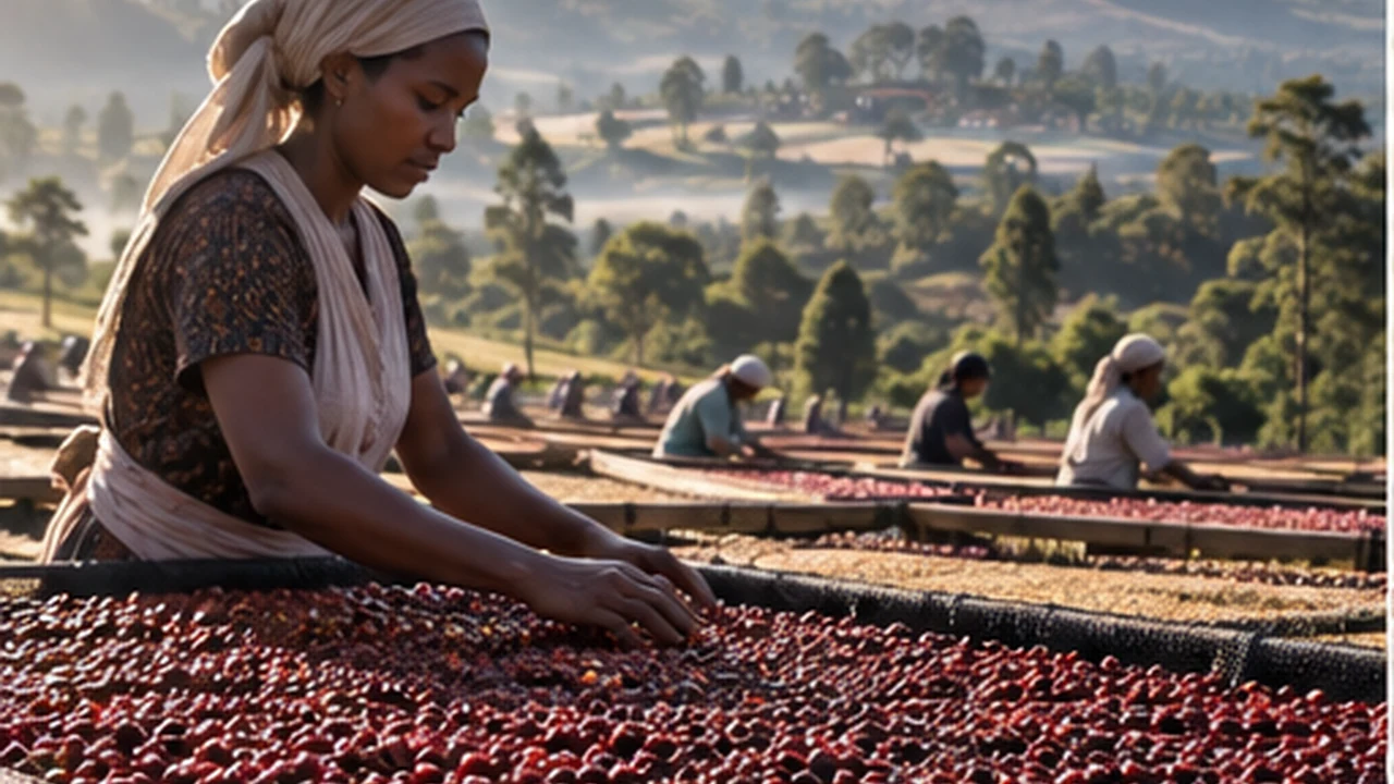 Coffee cherries drying on raised beds in Ethiopia Yirgacheffe with highland scenery in the background.