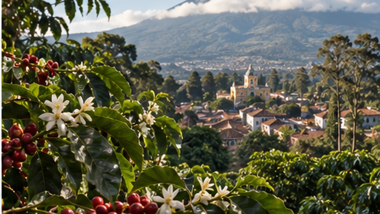 Coffee plants with ripe cherries in Guatemala Antigua with volcanic scenery behind them.