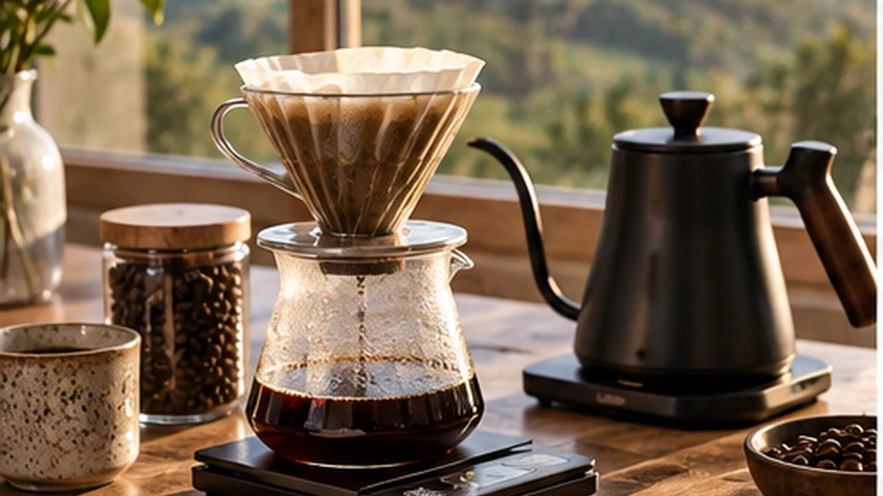Specialty coffee pour-over setup with a dripper, gooseneck kettle, scale, beans and tasting notes on a wooden table.
