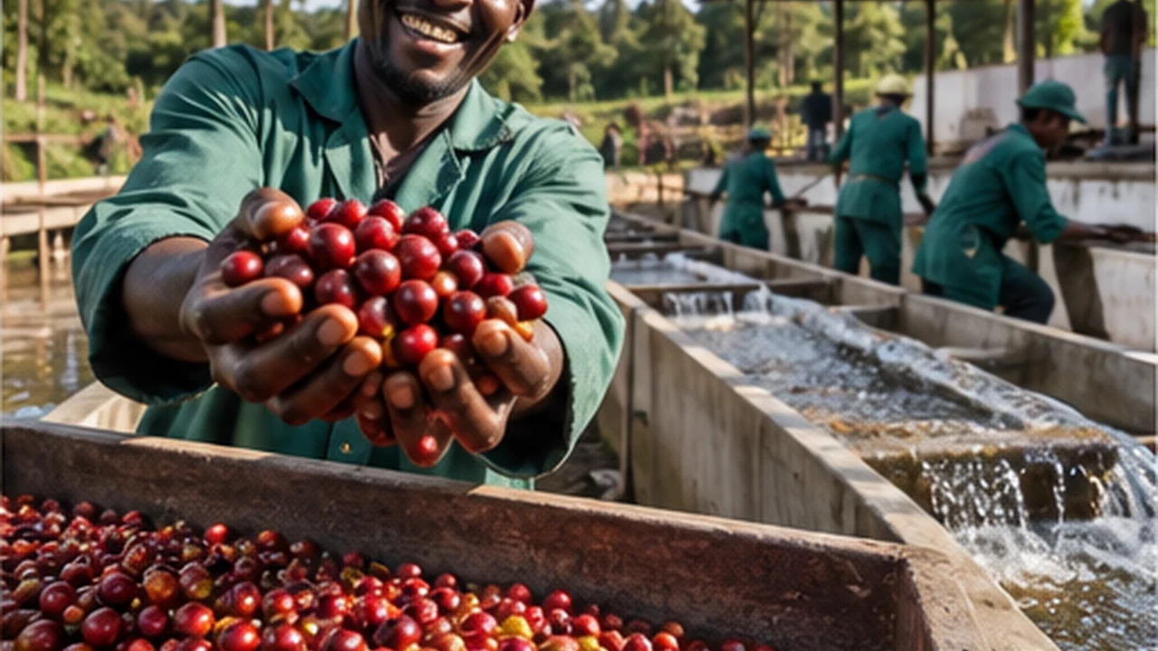 Ripe coffee cherries at a Kenyan washing station in Nyeri.
