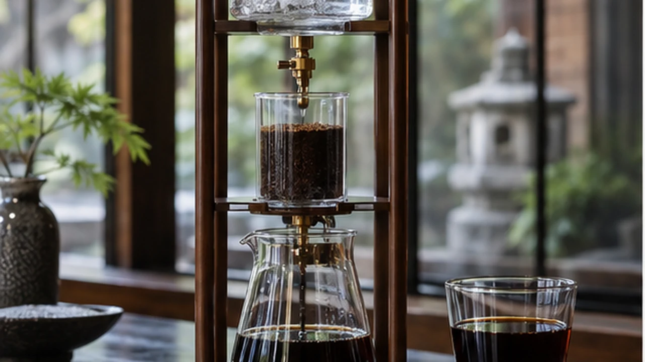 Kyoto-style slow drip coffee tower with glass chambers and a finished cup of coffee.