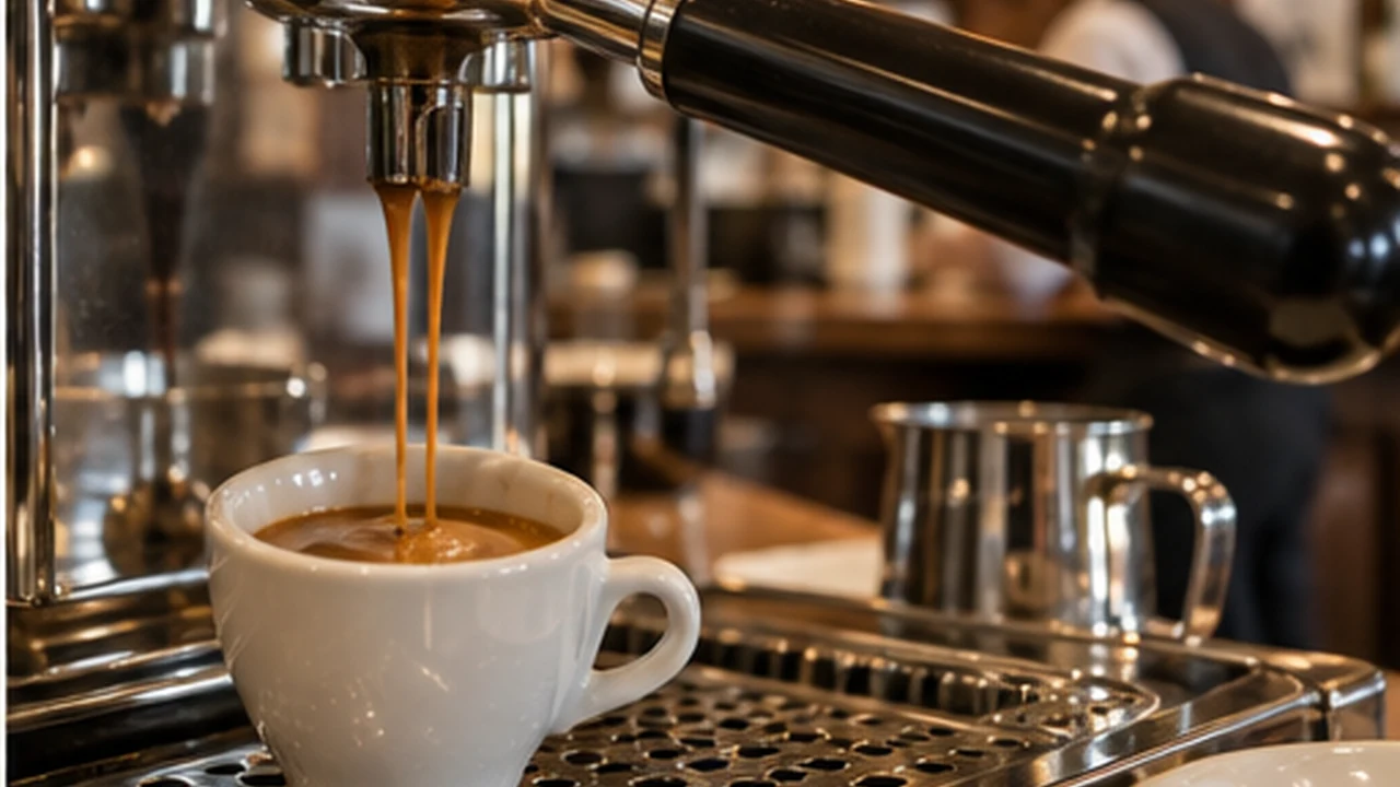 Classic Italian espresso being extracted into a demitasse cup in a café.