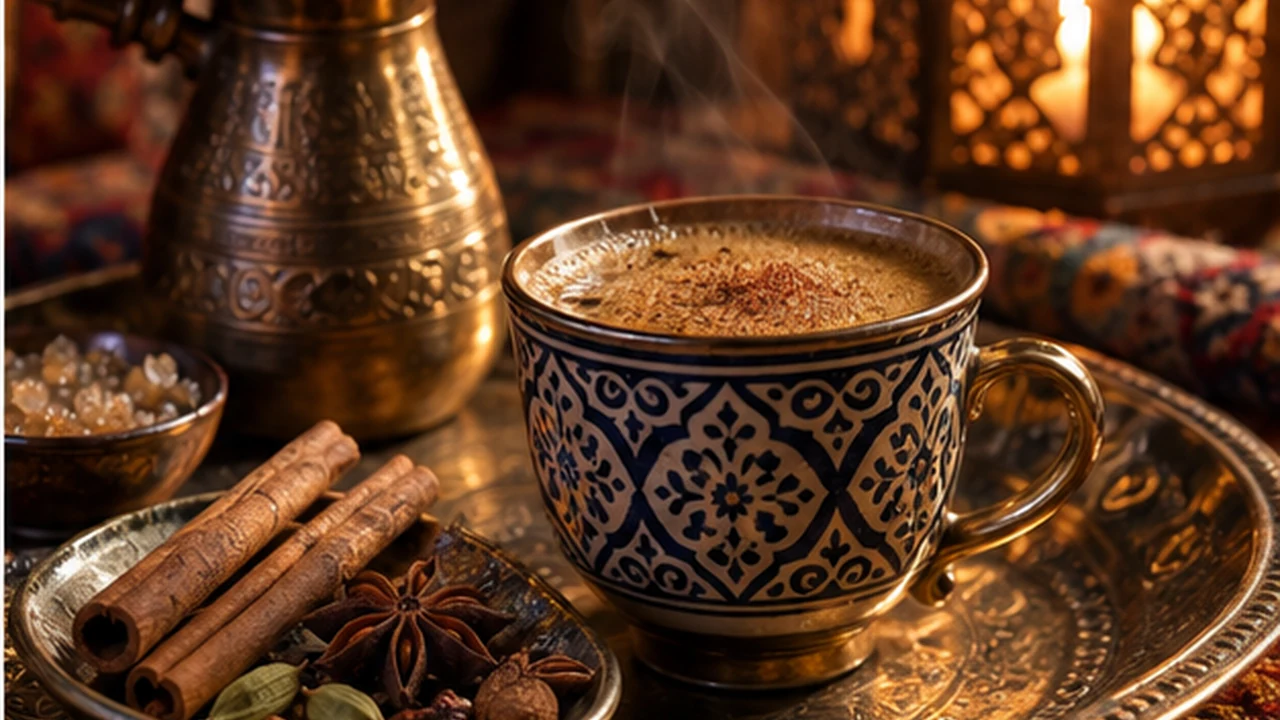Moroccan-inspired spiced coffee served with cinnamon, cardamom and star anise on a decorative tray.