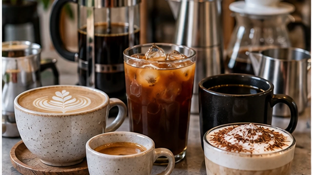 Assorted coffee drinks and brewing tools illustrating multiple coffee recipe styles.