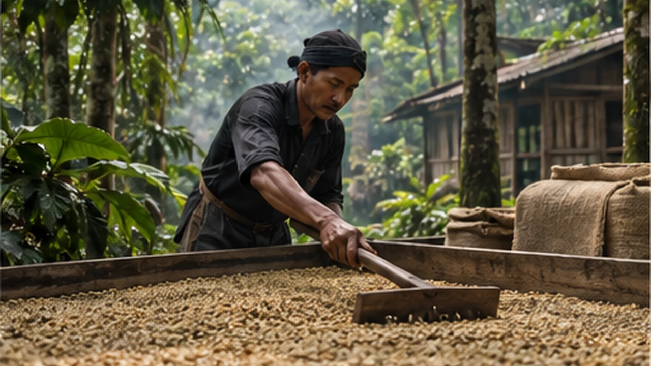 Coffee drying and processing scene in a lush Sumatra Mandheling environment.