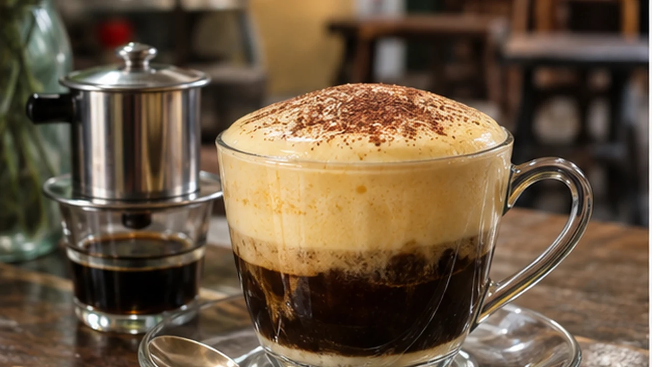 Vietnamese egg coffee in a glass cup with a creamy whipped topping.