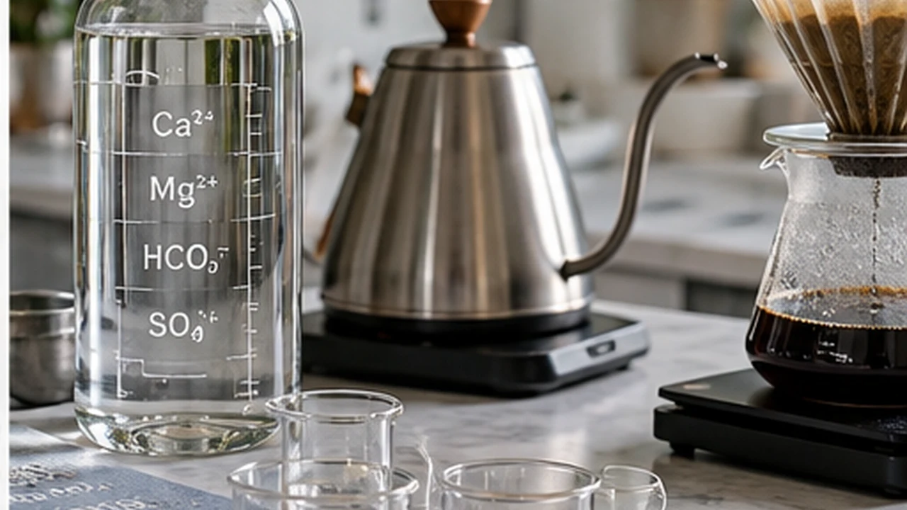 Water minerals, glassware, kettle and pour-over brewer illustrating coffee water chemistry.